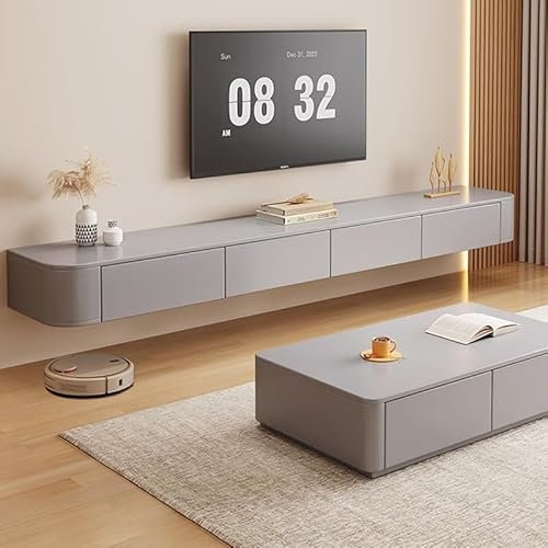 Ribanedy Modernes Schwebendes TV-Regal | Wandmontierte Unterhaltungsmedien-Konsole | Großes Aufbewahrungs-TV-Bank für Wohnzimmer & Büro (Grau, 280cm)