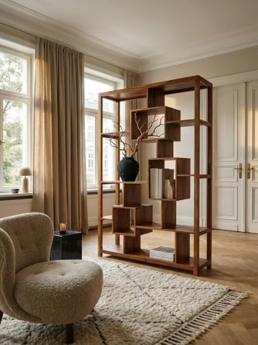 Bücherregal Massiv-Holz Sheesham 115 x 180 cm Wohnzimmer-Regal Ablagefächer Design Landhaus-Stil Standregal
