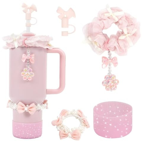 AMUSEPROFI Tumbler Accessories Set Compatible with Stanley Cup Accessories, Including Stanley Headband with Charms, Straw Toppers, Cup Boot, Tumbler Bracelets