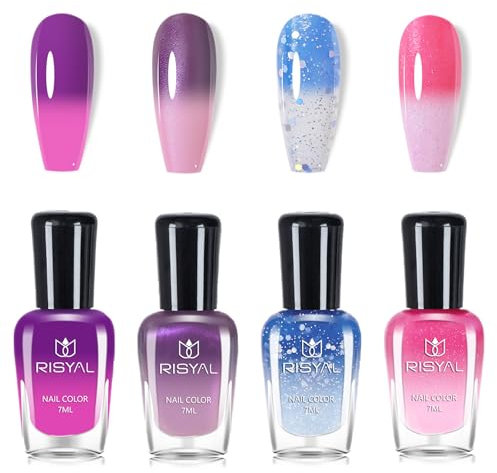 Colour Changing Nail Polish Set - Temperature Colour Changing Nail Varnish Set Quick Dry - Long Lasting Pink Blue Glitter Breathable Nail Polish - No Need Cure Chip Resistant for Women