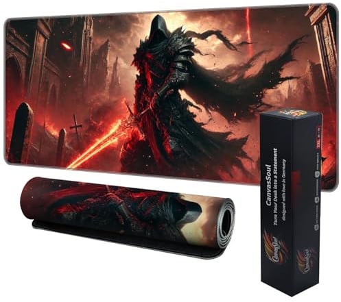 CanvasSoul Gaming Mauspad XXL – 3 mm Premium-Polsterung für präzises Gaming, rutschfeste Unterseite, Vernähte Ränder – stylisch & langlebig für Dein Setup (Dark Knight Blade, 900 x 400 x 300 mm)