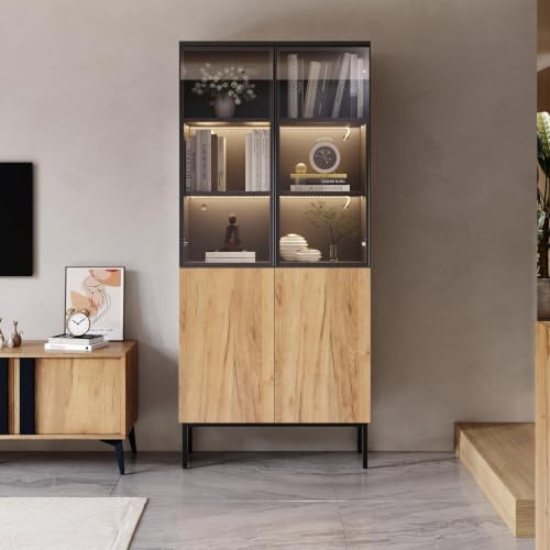 Kebnor Vitrine mit Glastüren, 180 cm hoher Schrank mit LED-Leuchten, Bücherregal, 5-stöckige Glasvitrine für Sammlerstücke, Bücherregal, Büro, Schwarz/Eiche