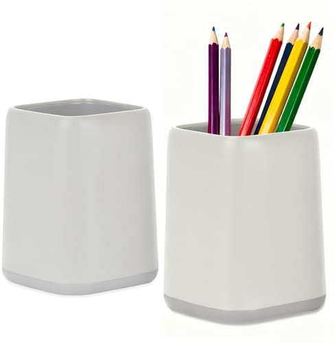 Qualsen Pen Holder for Desk, White Gray Two Tone Square, Black, 2 Pack | Keeps Workspaces Neat and Organised, Ideal for Pencils, Scissors and Craft Supplies, Perfect for Home, Office and Classroom