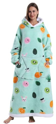 Pterygoid Coperta con cappuccio extra lunga e oversize, coperta indossabile con maniche e tasche | Felpa in pile per accoccolarsi per adulti, regalo per donne e uomini, Verde e arancione., Taglia