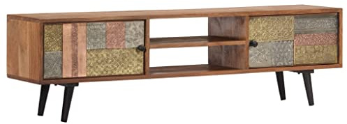 QJBSAVVA TV-Schrank aus massivem Akazienholz mit honigfarbenem Finish, Vintage-Look mit Metall-Details, 2 Fächer & 2 Türen, 140x30x40 cm, perfekt für Wohnzimmer & Wohnraum