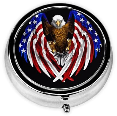 FFGhjk Pillendose mit USA-Flagge, Patriotischer Adler, bedruckt, rund, kann in Tasche oder Handtasche aufbewahrt werden