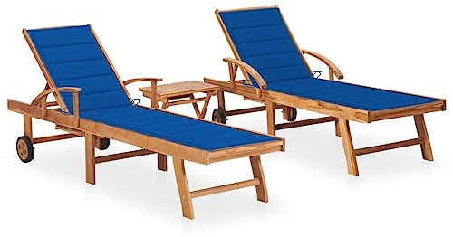 Tumbonas de Exterior 2 uds con Mesa Auxiliar, Madera de Teca Maciza y Cojines Azul, Ajustable en 3 Posiciones, Tumbonas Jardin Exterior y Silla Playa, para Piscina, Camping o Terraza, 195 x 59.5 cm