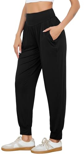 Vlazom Damen Yogahose Lang Modal Sporthose Einfarbig mit Hoher Taille Haremshose Pumphose Jogginghose Freizeithose Pilates Hose für Damen