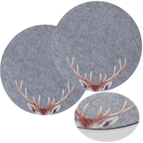 LS-LebenStil 2X Filz Tischset Platzset Hirsch-Geweih Rund Hellgrau 38cm Platzdeckchen Platzmatte Motiv Set Platzdeckchen Platzmatte Tischsets Filzuntersetzer Placemats Glas Teller Untersetzer