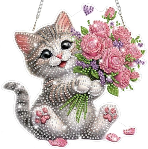 Lxmsja Katze Diamond Painting Anhänger, 5D Kätzchen Diamond Painting Blumen Fensterbilder für Erwachsene, Bastelset Kreativ Set Hängend Ornament Valentinstag Tür Fenster Wand Eingang Decor