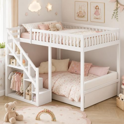 Cama Alta Infantil 90x200cm, Cama Loft Juvenil Blanca, Litera Alta para Niños con Escalera de Almacenaje, Barandilla de Seguridad, Somier de Láminas, Cama Elevada para Dormitorio Infantil y Juvenil