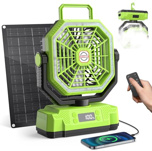 Solar Powered Fan with 10W Solar Panel,20000mAh Rechargeable Battery Operated,LED Lantern,Shaking Head,Digital Display,Remote Control,Timer,Hook.Portable Fan for Camping,Picnic,Fishing,Travel (Green)