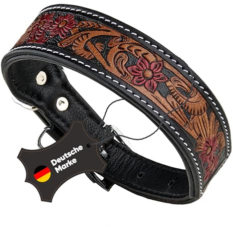 MICHUR® Hundehalsband Leder mit Blumenmuster Schwarz Rot Braun | Lederhalsband für Hund, Handgefertigt, Weich gepolstert, fellschonend, Verstellbar, Robust