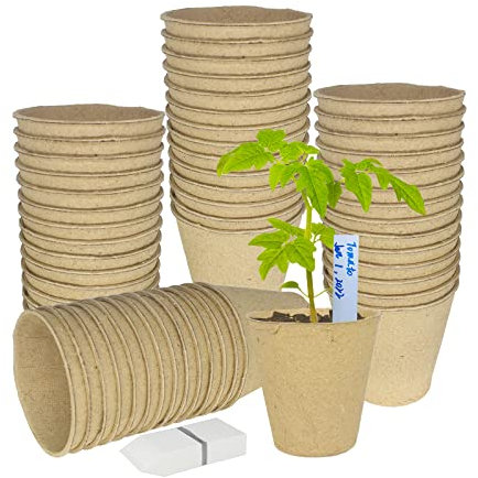 Huvai 100 Pack 3.15 Round Biodegradable Fibre Seedling Pots with 100 Pcs White Plastic Plant Labels