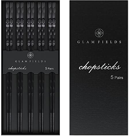 5 Pairs Japanese Fiberglass Chopsticks, GLAMFIELDS Reusable Chop sticks Dishwasher Safe, Non-slip, 9 1/2 inches - Gift Set Black