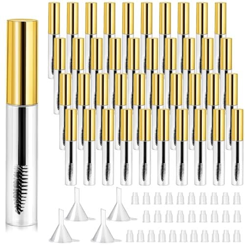 40 Pieces 10 ml Empty Mascara Tubes Eyelash Wand Refillable Clear Bottles Eyelash Cream Container Bottle with 4 Pieces Transparent Funnels Transferring Castor Oil for DIY Cosmetics, Golden,