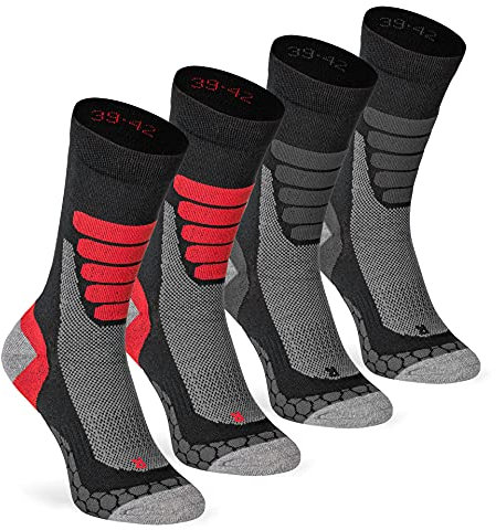 XTREME SOCKSWEAR Herren & Damen Wandersocken Trekking Outdoor Sport Funktionssocken Atmungsaktiv Frottesohle Gepolstert (4 Paar) Schwarz-Grau 35-38