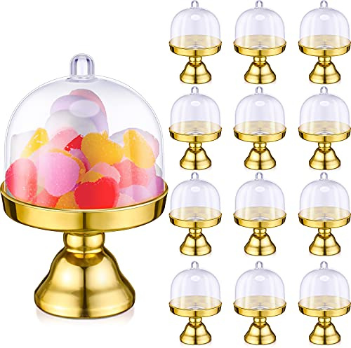 Cunhill 24 Pieces Plastic Mini Cake Stand with Dome Lid, Gold, Transparent