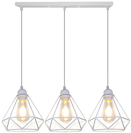 PETITES ECREVISSES Lampara Colgante Vintage Industrial Lámpara de Techo Colgante E27 Retro 3 Luces Iluminación Forma de Diamante Ø205mm Blanco Para Cocina Comedor Sala de estar (Blanco-con Barra)