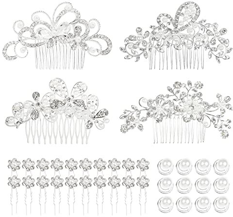 Cinaci 36 Stück glitzernde silberfarbene Strass-Perlen Braut-Haarkämme + U-förmige & gedrehte Haarnadeln Clips Haarspangen Haarspangen Hochzeit Kopfschmuck Zubehör für Frauen Braut Brautjungfern