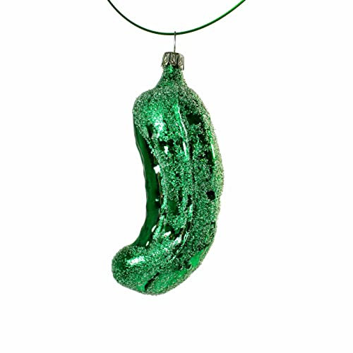 Farbglashütte Lauscha Steingrau Traditionelle Weihnachtsgurke aus Glas ca. 11cm aufwendig handdekoriert Weihnachtsbaumschmuck Christbaumschmuck aus Lauscha, Grün