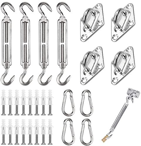 44 pcs Kit de Fixation pour Voile D'ombrage, Inoxydable Kit de Montage Fixations d'ombrage de Voile, de Fixation pour Triangle et Carré, Rectangle, du Soleil Voile D'ombrage Accessoires de Fixation