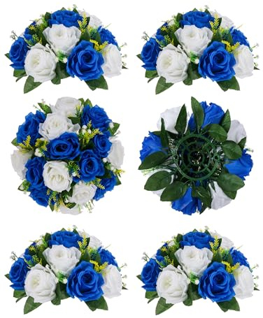 BLOSMON Flower Centerpieces for Tables Wedding 6 Pcs Royal Blue & White Fake Flowers with Base Rose Balls Arrangement Bouquet Floral Centerpiece Artificial Wedding Center Pieces of Home Party Decor