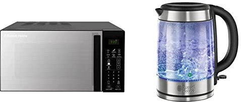 Russell Hobbs RHMT2004B 20L 800W Touch Control Digital Solo Microwave in Black, 8 Auto Cook Menus, Defrost Control, Clock & Timer & 21600-10 Illuminating Glass Kettle, Black, 1.7 Litre, 3000 Watt