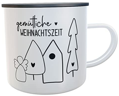 Kilala Emaille Tasse Weihnachten 300ml – Teetasse mit Spruch „gemütliche Weihnachtszeit“ – Geschenkbecher Punsch Glühwein Winter Hygge Deko (Weihnachtsengel)