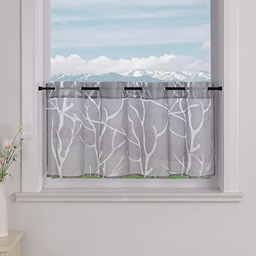 Delien Voile Scheibengardine mit Ösen Bistrogardinen Landhaus für Küche Transparente Kurzstores Modern Gardine »Zweig« Klein Fenster Kurz Vorhang BxH 90x30cm,Grau