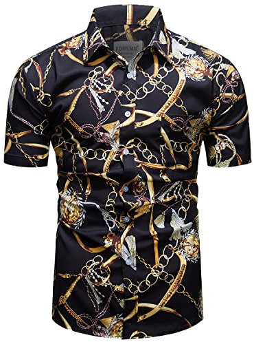 fohemr Mens Chain Print Gold Shirt Luxury Baroque Vintage Short Sleeve Casual Button Down Dress Shirts Black Medium