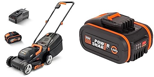 WORX WG730E Akku Rasenmäher 20V & WA3553 Akku 20V – Wiederaufladbarer, leistungsstarker Akku mit integrierter Ladestandanzeige für alle WORX Geräte – 4000 mAh Li-Ion Akku PowerShare