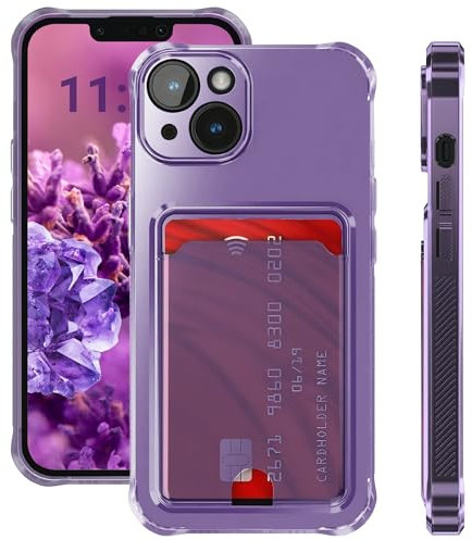 ELEVAVIDA Handyhülle für iPhone 14 violett lila transparent mit Kartenfach und Kameraschutz - stoßfeste Antishock Ecken, Schutzhülle für Apple iPhone 14 Slim case