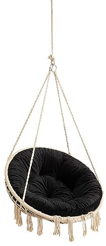 Velvet Kissen für Hängesessel, Sitzkissen für Stuhl, Hängekorb Sessel, Indoor Kissen, Waschbar Auflage, Rund, Swing, Schaukelkissen, Schwarz, 92 cm