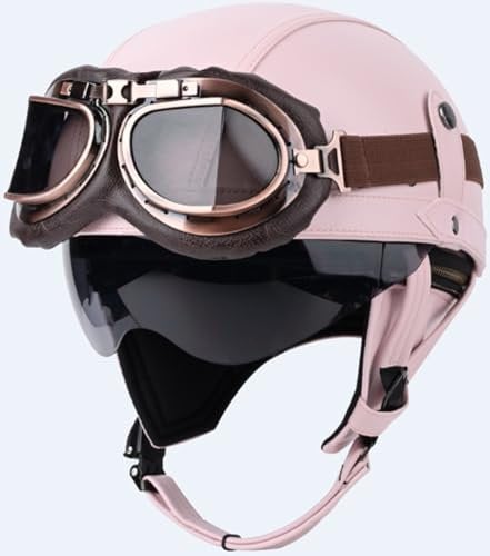 Deutschen Stil Leder Halbschalenhelm Retro Motorrad Halbhelm mit Brille ECE Genehmigt Erwachsene Halbschale Jet-Helm Scooter-Helm für Cruiser Scooter Pink,M