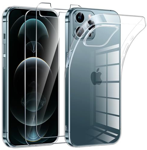 Phoona Coque pour iPhone 12 Pro Max avec 2 Pièces Protection Écran en Verre Trempé,Ultra Transparente Silicone en Gel TPU Souple pour iPhone 12 Pro Max Couqe,Antichoc Anti-Jaune Etui Bumper