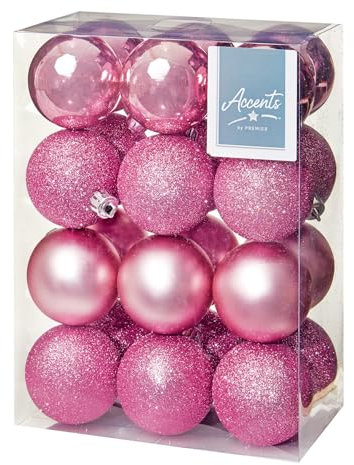 Shatterproof Christmas Baubles 24 Pack 60mm Premier Christmas Tree Decoration, matt, shinny and glitter baubles (Pink 9325)