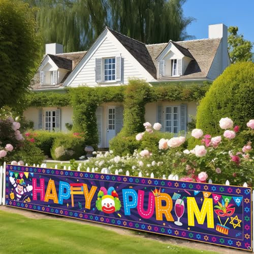 gisgfim Happy Purim Banner groß 3 x 0,5 m Purim Banner jüdischer Karneval Party Banner Purim Dekorationen Banner Outdoor Yard Schild für Haustür Zaun Dekorationen Zuhause Outdoor Indoor Supplies
