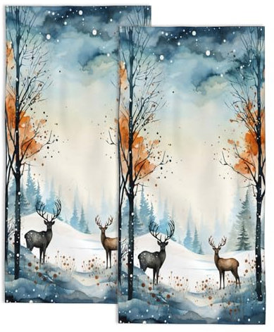 Handtuch-Set mit 2 Stück, Schneewald, Hirsch, dekorative Badezimmer-Handtücher, Gesichts-Waschlappen, Fingerspitzen-Handtücher, 71,1 x 35,6 cm, weiches Badetuch für Küche, Fitnessstudio, Hotel, Spa,