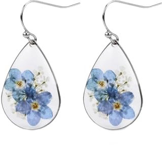 Ohrringe Vergissmeinnicht Ohrringe mit Gepressten Blumen Blumen Ohrringe Gepresste Blume Träne Ohrringe Drop Dangle Ohrringe für Damen für Frauen Blumen Ohrringe Geschenk für ihre Freunde (Blau)