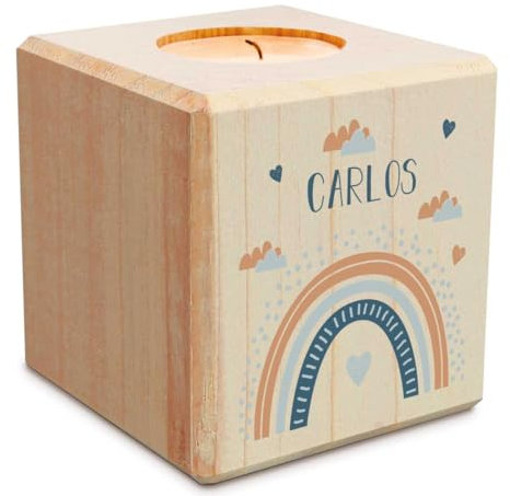 GRAVURZEILE Teelichthalter aus Holz mit UV Druck - Regenbogen - Personalisiert mit Namen - Geschenke für Mädchen und Jungen zum Geburtstag zur Kommunion Konfirmation und Taufe - Blau