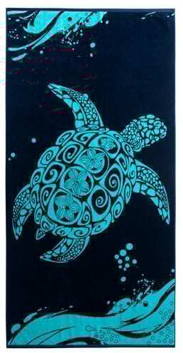 DecoKing Grande serviette de plage en coton, 90 x 180 cm, un côté éponge, un côté velours, drap de bain bleu, bleu foncé, bleu marine, blanc, motif tortue