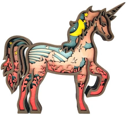 MagiDeal Holzstatue mit Einhörnern, mehrschichtige Geschnitzte Holzfigur, Geburtstagsgeschenk, dekoratives Einhorn-Ornament für den Schreibtisch, Schlafzimmer,
