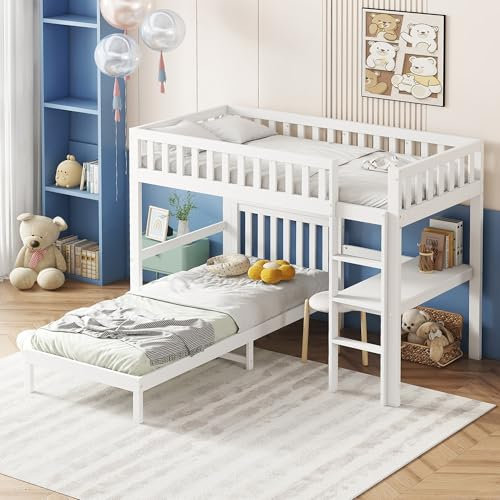 Cayipng Etagenbett für Kinder, 90 x 200 cm, Kinderbett 90 x 200 cm, mit dreistufiger Leiter, stabiles Etagenbett mit Lattenrosten, Design mit Sicherheitszaun, mit Schreibtisch, Kiefer + MDF, weiß