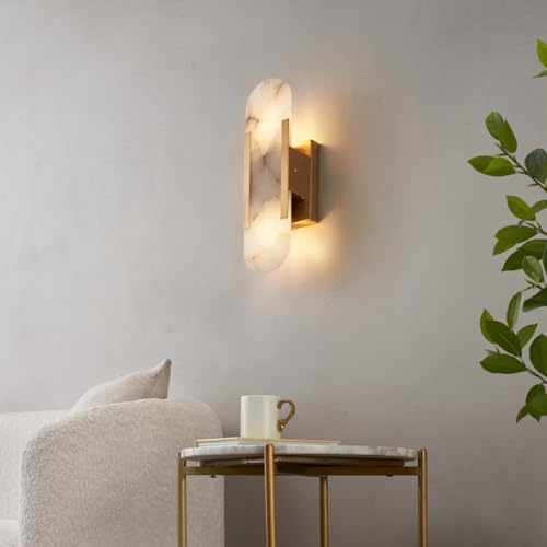 Kosilum – schicke Wandleuchte aus vergoldetem Metall und weißem Alabaster – E14 – Licht warmweiß Beleuchtung Wohnzimmer Schlafzimmer Küche Flur – – E14 – IP20