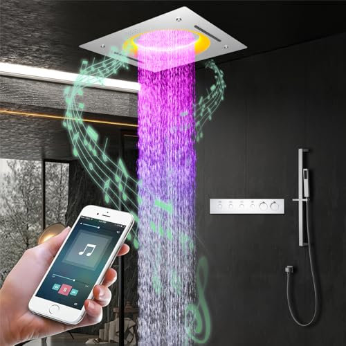 Colonne de Douche,Multifonctionnel Thermostatique Set De Douche,550×550 mm Douche De Tête,3 Modes Douchette,avec lumières LED et musique,Chromé colonne douche,avec douchette,barre de levage