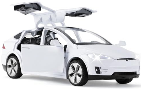 MODVKVK Tesla Model X 1:32 Modellauto, Spielzeugauto mit Licht & Musik, Zurückziehfunktion, Legierungsdruckguss, Ideal für Kinder ab 3 Jahren & Sammler (Weiß)