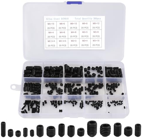Tunejoy Viti Senza Testa M2.5 M3 M4 M5 M6 M8 Vite Grani Esagonale Viti a Grano in Acciaio Carbonio Legato Assortimento con Chiavi Brugola Nero 300 Pezzi