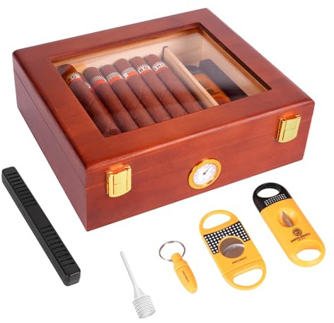 Humidor de cigarros de escritorio, humidificador de cigarros con parte superior de cristal con higrómetro, humidificador, humidificador de cedro español con cortadores de puros y perforador, caja de