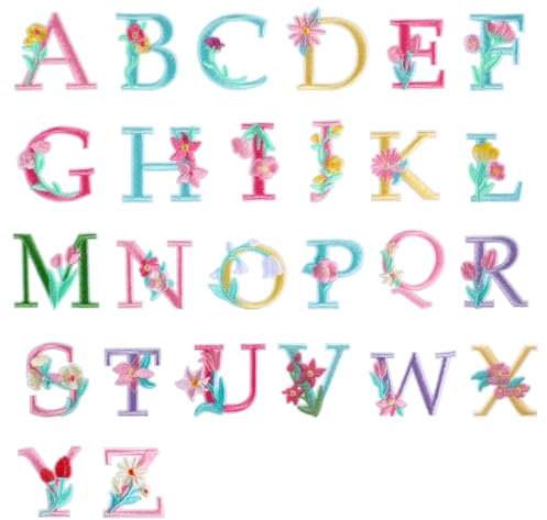 Iron on Letter Patches, 52 Pieces Small A-Z Iron on Embroidered Letter Patch for Fabric Sew-on Flower Embroidery Alphabet Patches for Clothing Shirts Jackets Hats Jeans Backpacks DIY Crafts